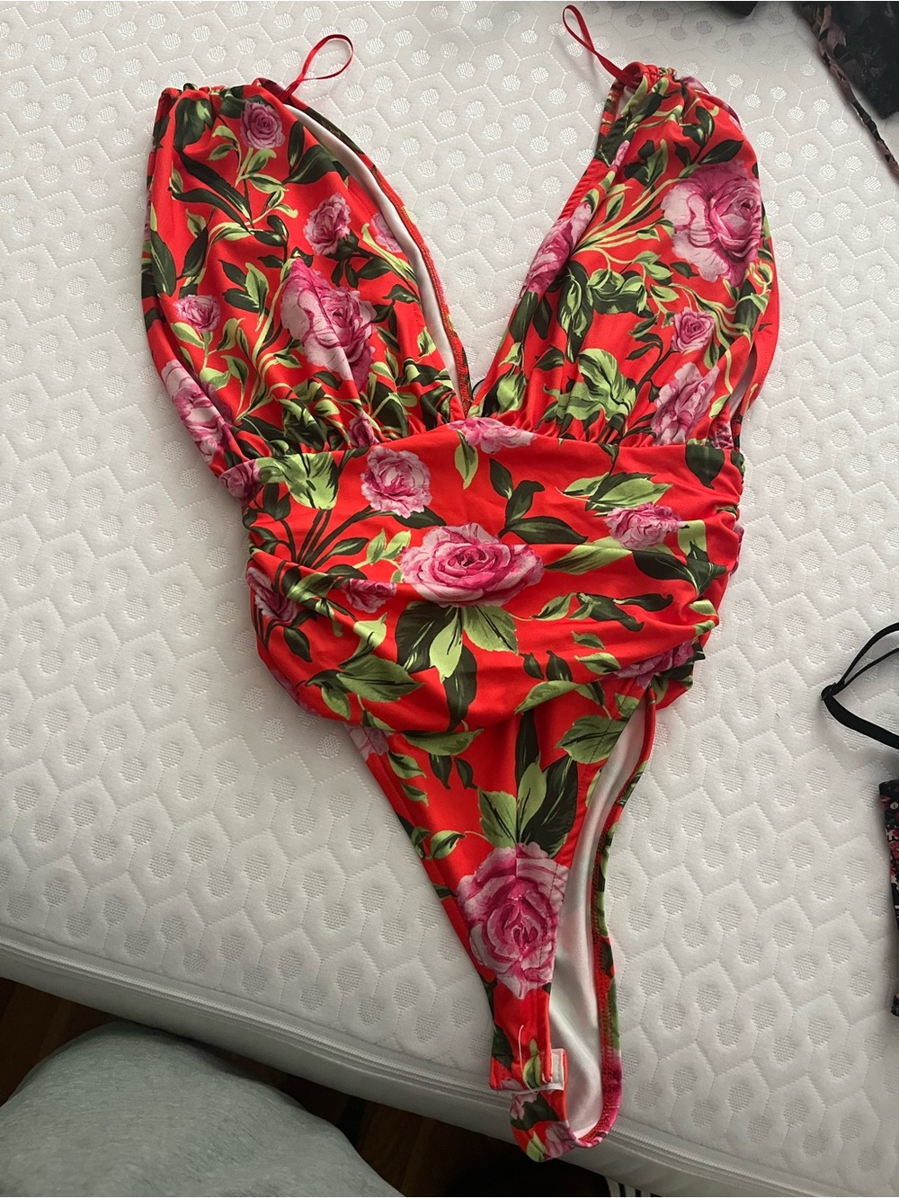 Zara Red Floral One-Piece with Pink Rose Print